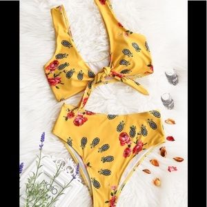 High waisted yellow floral bikini